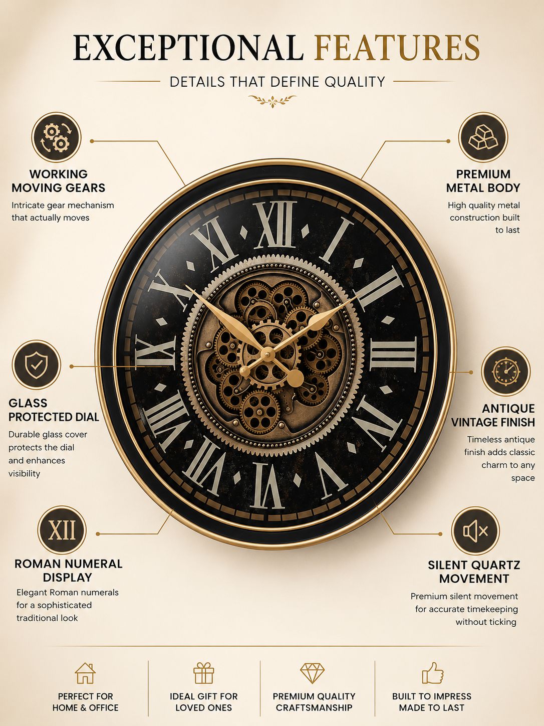 Vintage clock with exceptional features highlighted on a beige background