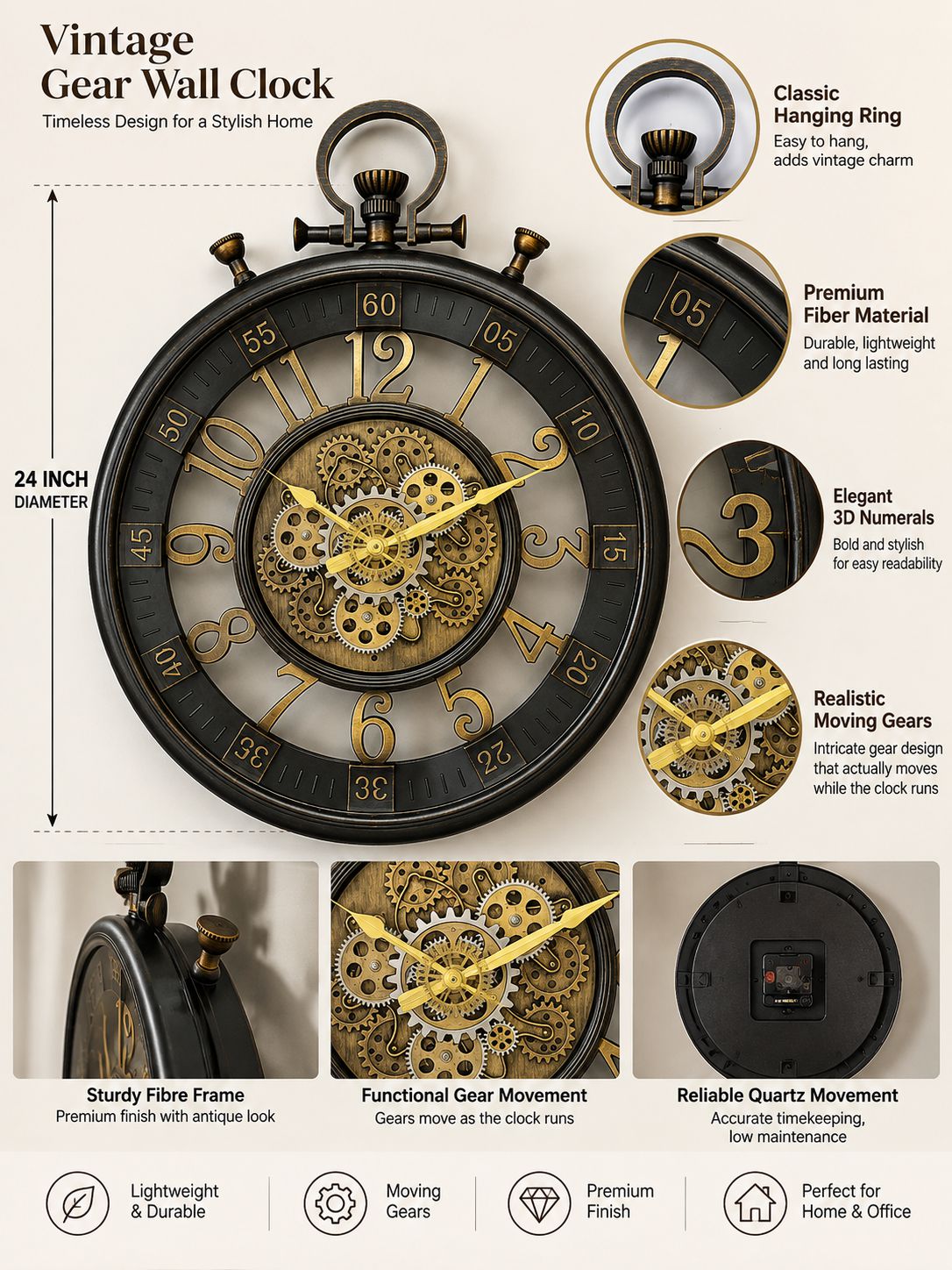 Vintage gear wall clock infographic showing the product close-ups, features callouts, dimensions, and icons on a light beige background.