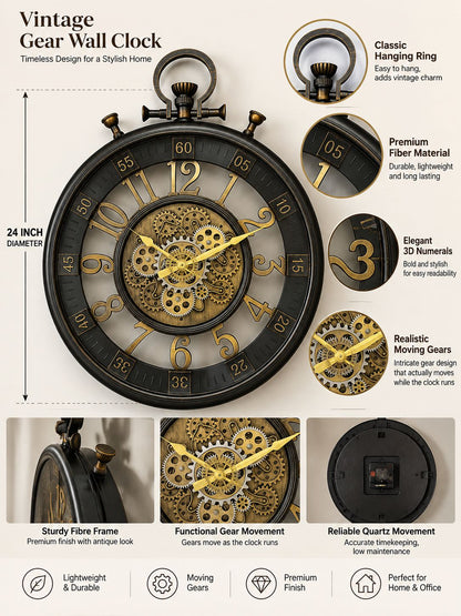 Vintage gear wall clock infographic showing the product close-ups, features callouts, dimensions, and icons on a light beige background.