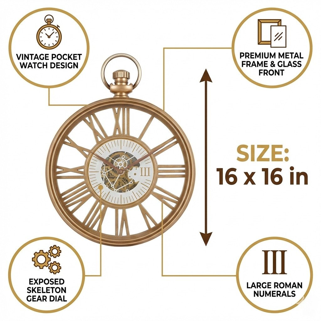 Vintage pocket watch design with features highlighted on a white background