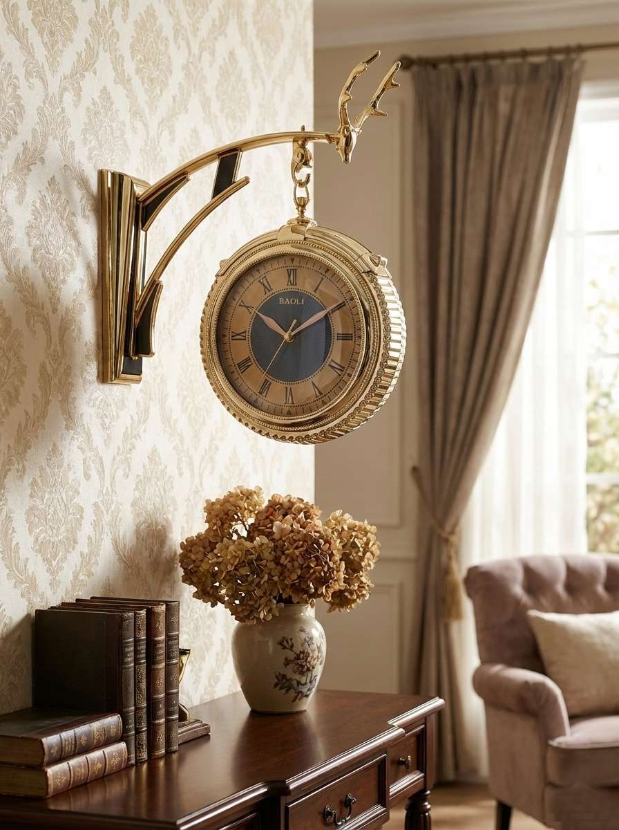 Vintage station style dual-sided wall clock mounted on wall