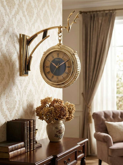 Vintage station style dual-sided wall clock mounted on wall