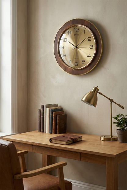 Wall clock on a beige wall above a wooden desk with books and a lamp.