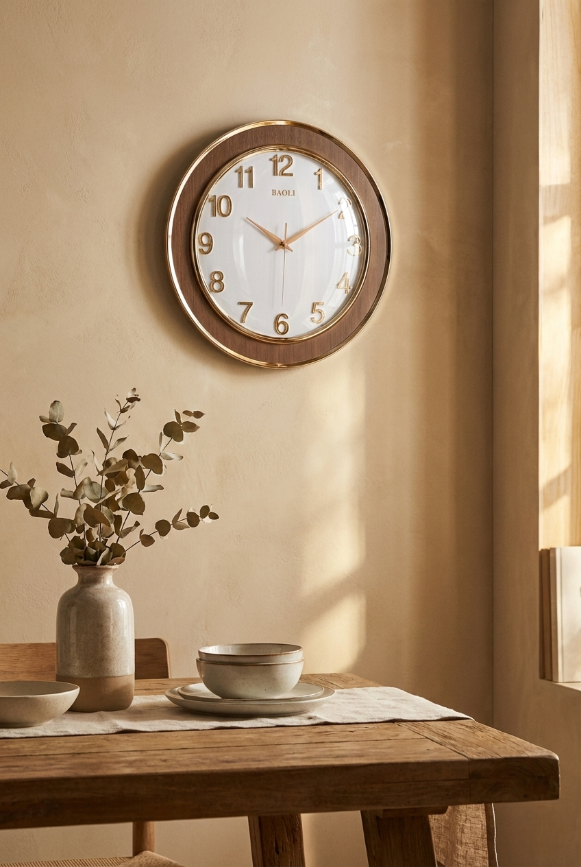 Wall clock on a beige wall above a wooden table with a vase and bowls.