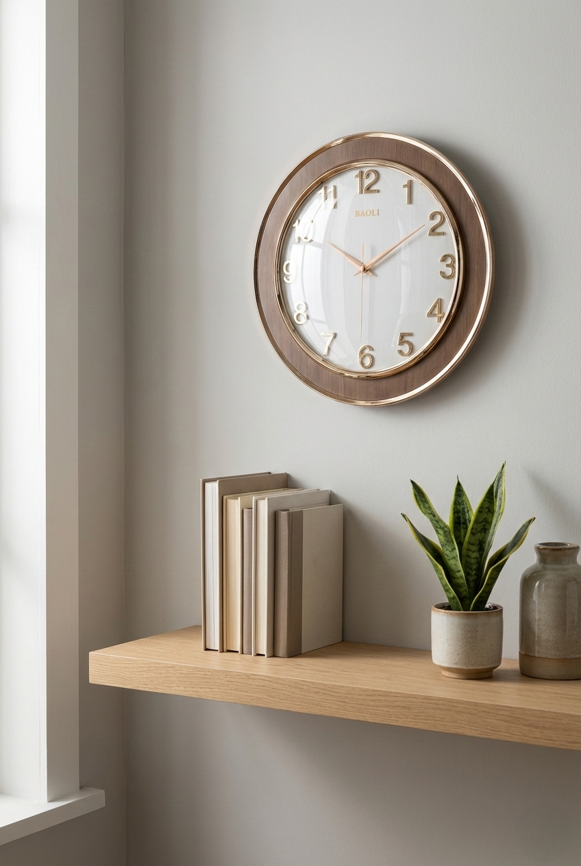 Wall clock on a wall above a wooden shelf with books and a plant.
