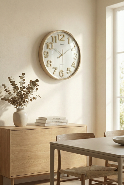Wall clock on a wall above a wooden sideboard with books and a vase in a room with a window.