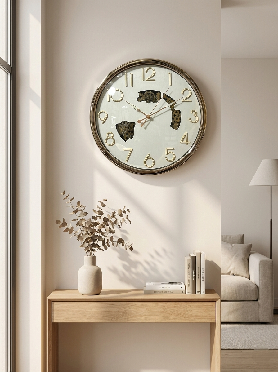 Wall clock on a wall in a living room with a table and books.