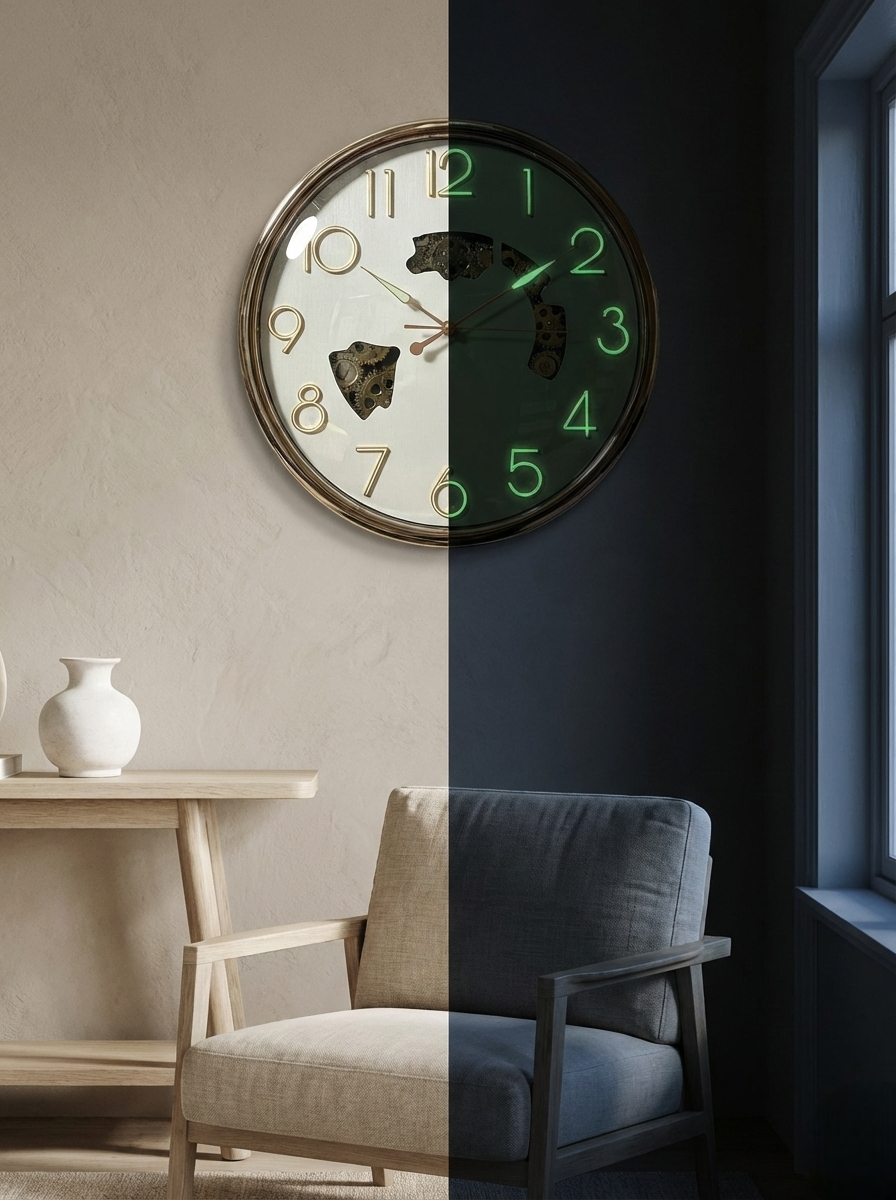Wall clock on a wall with a split background showing a room interior.