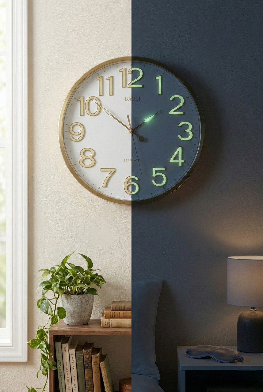 Wall clock showing time on a light and dark wall background. Silent wall clock with radium glow numbers for night visibility