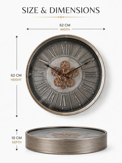 Wall clock with dimensions indicated on a white background