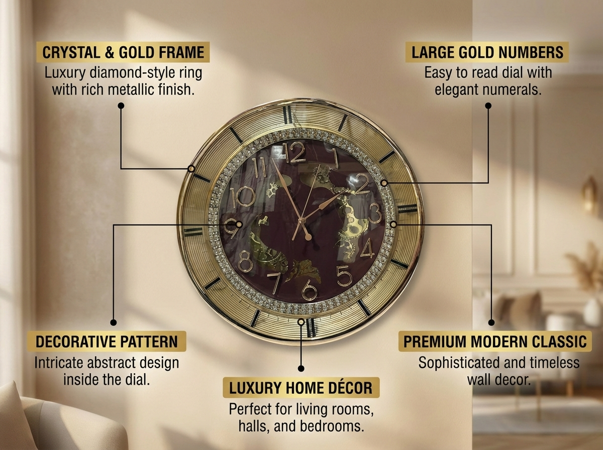 Wall clock with features highlighted on a beige wall background