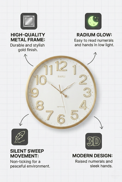 Wall clock with features highlighted on a white background