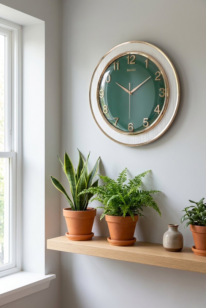 Wall clock with green face and gold frame on a light gray wall above a wooden shelf with potted plants.