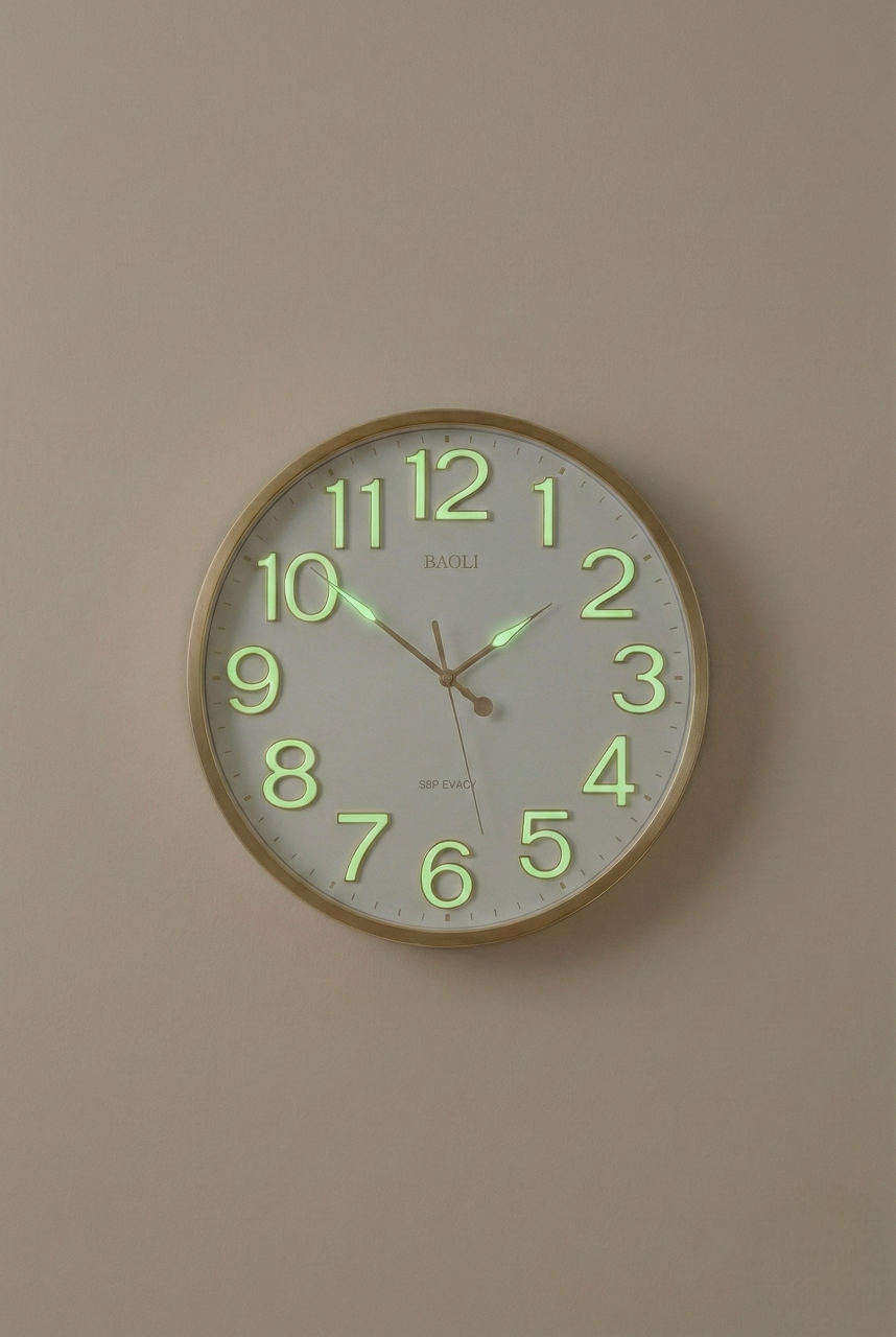 Wall clock with green neon numbers on a beige wall