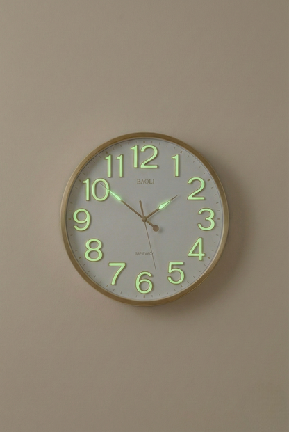 Wall clock with green neon numbers on a beige wall
