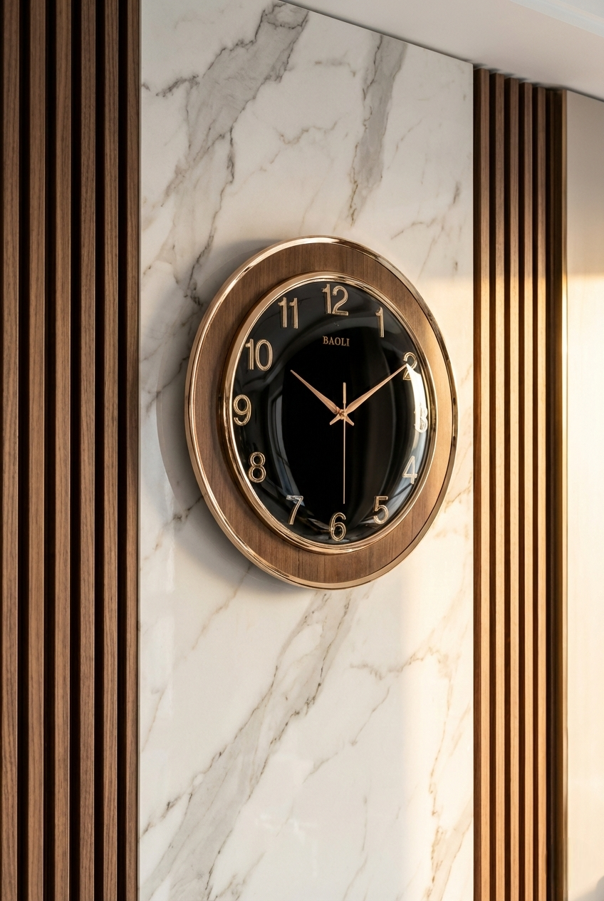 Wall clock with wooden frame on a marble wall