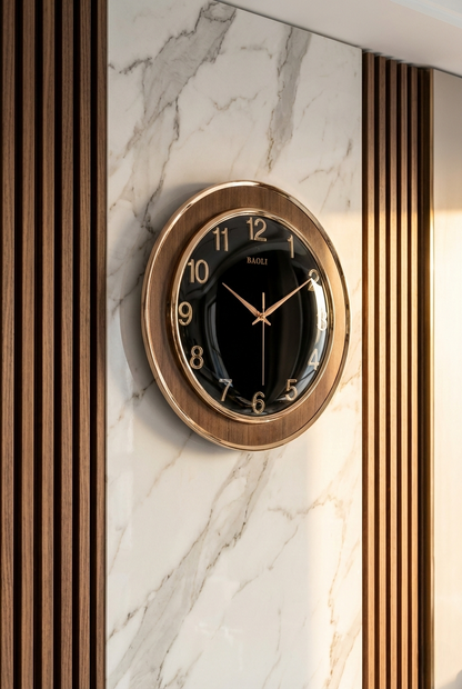 Wall clock with wooden frame on a marble wall