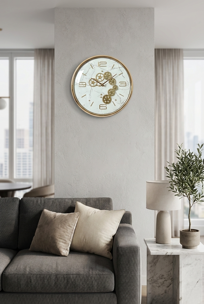 White Decorative wall clock with gold frame and white face on a beige wall
