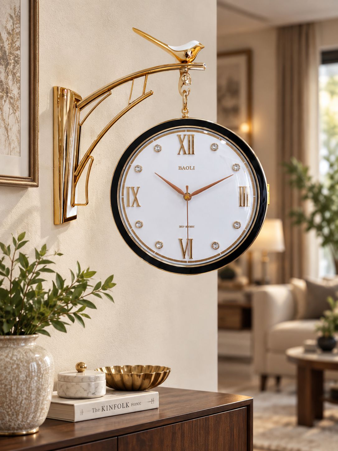 White Sparrow decorative wall clock with Roman numerals and elegant gold hanging design