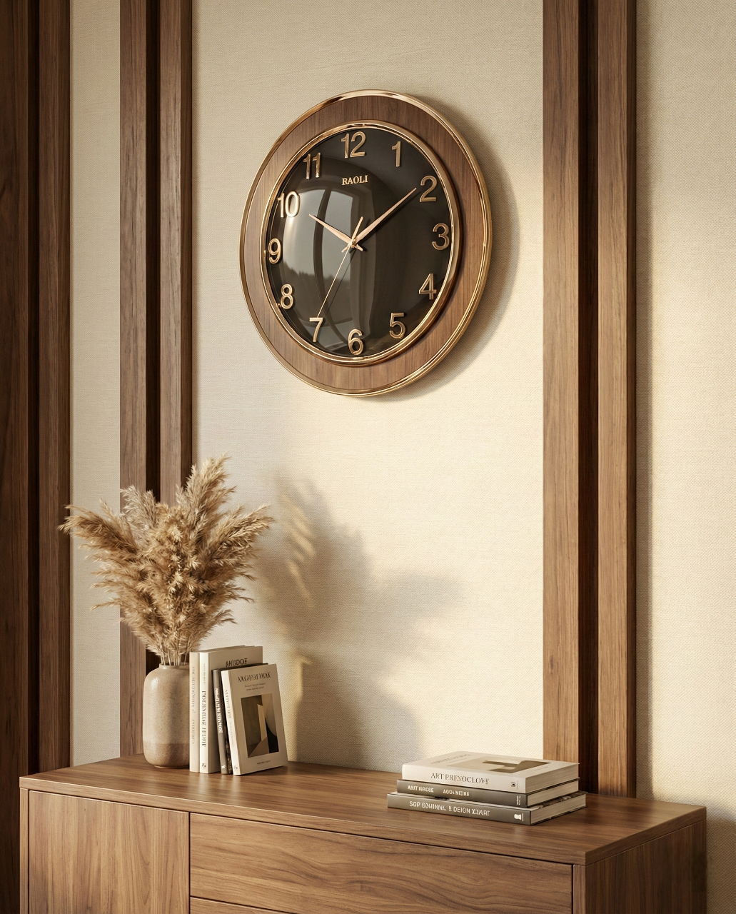 Wooden wall clock on a wall with a wooden sideboard and decorative items.