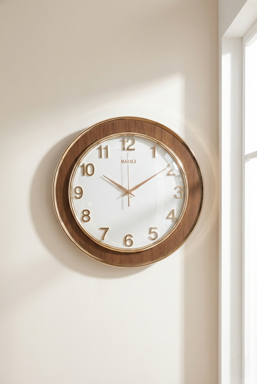 Wooden wall clock with white face on a beige wall