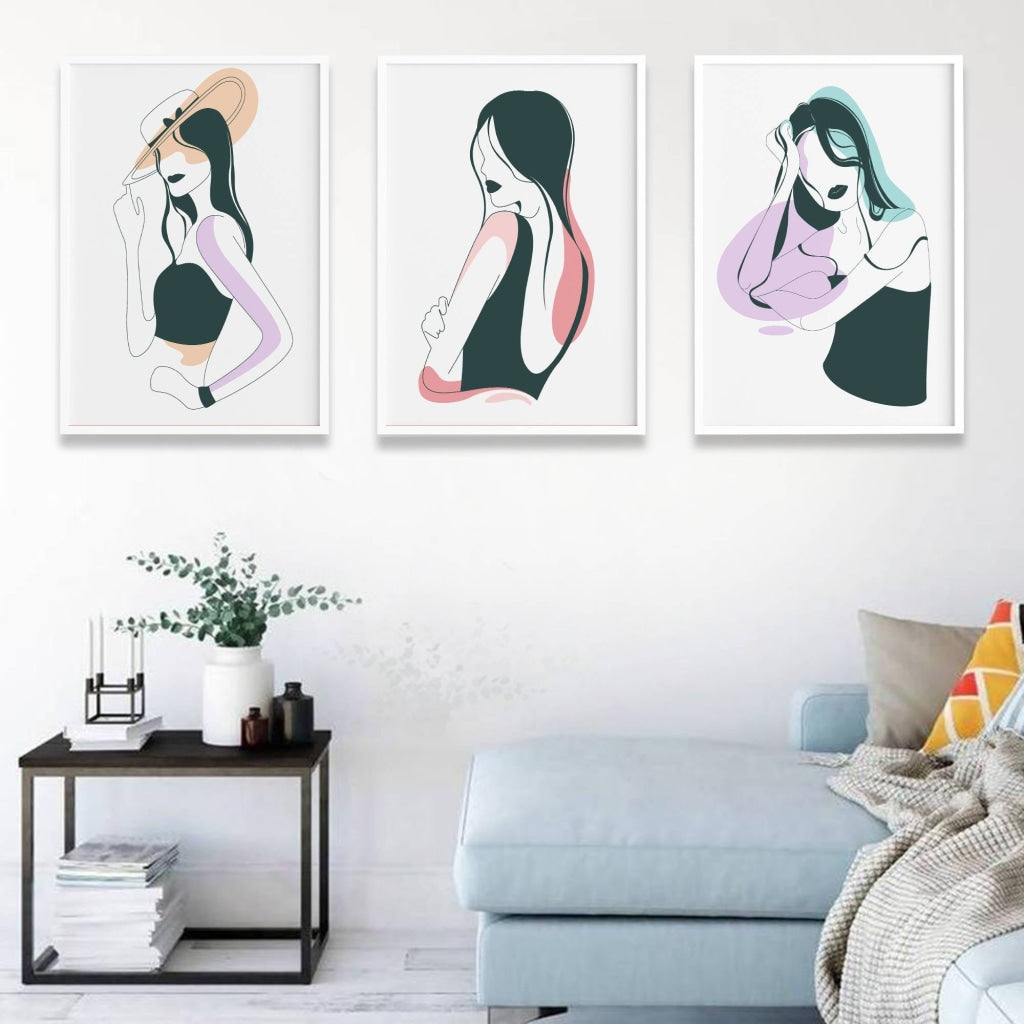 Body Line 3 Panels Art Frame For Wall Decor- Funkydecors Xs / White Posters Prints &amp; Visual Artwork
