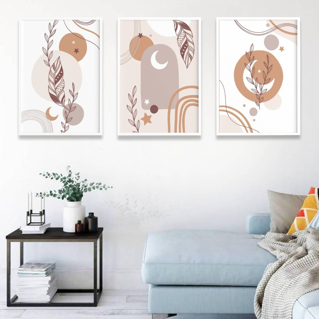 Boho Abstract 3 Panels Art Frame For Wall Decor- Funkydecors Xs / White Posters Prints &amp; Visual