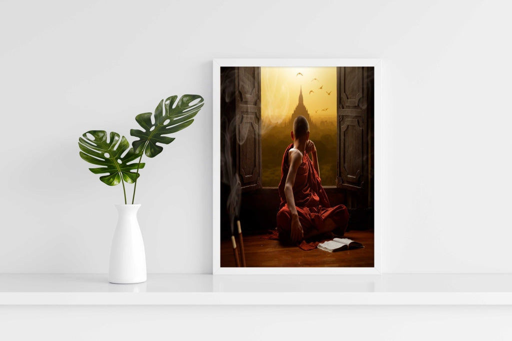 Buddhist Monk - Spiritual Art Frame For Wall Decor- Funkydecors Xs / White Posters Prints &amp; Visual
