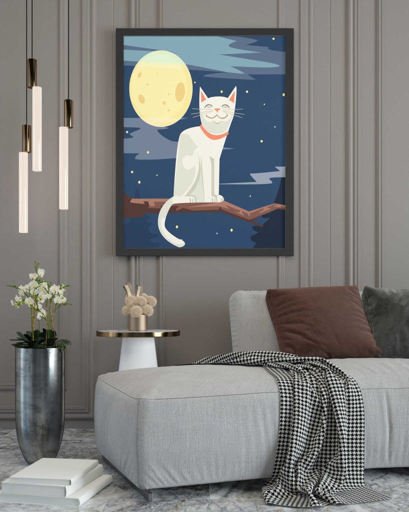 Cat In The Moonlight - Nursery Art Frame For Wall Decor- Funkydecors Xs / Black Posters Prints &