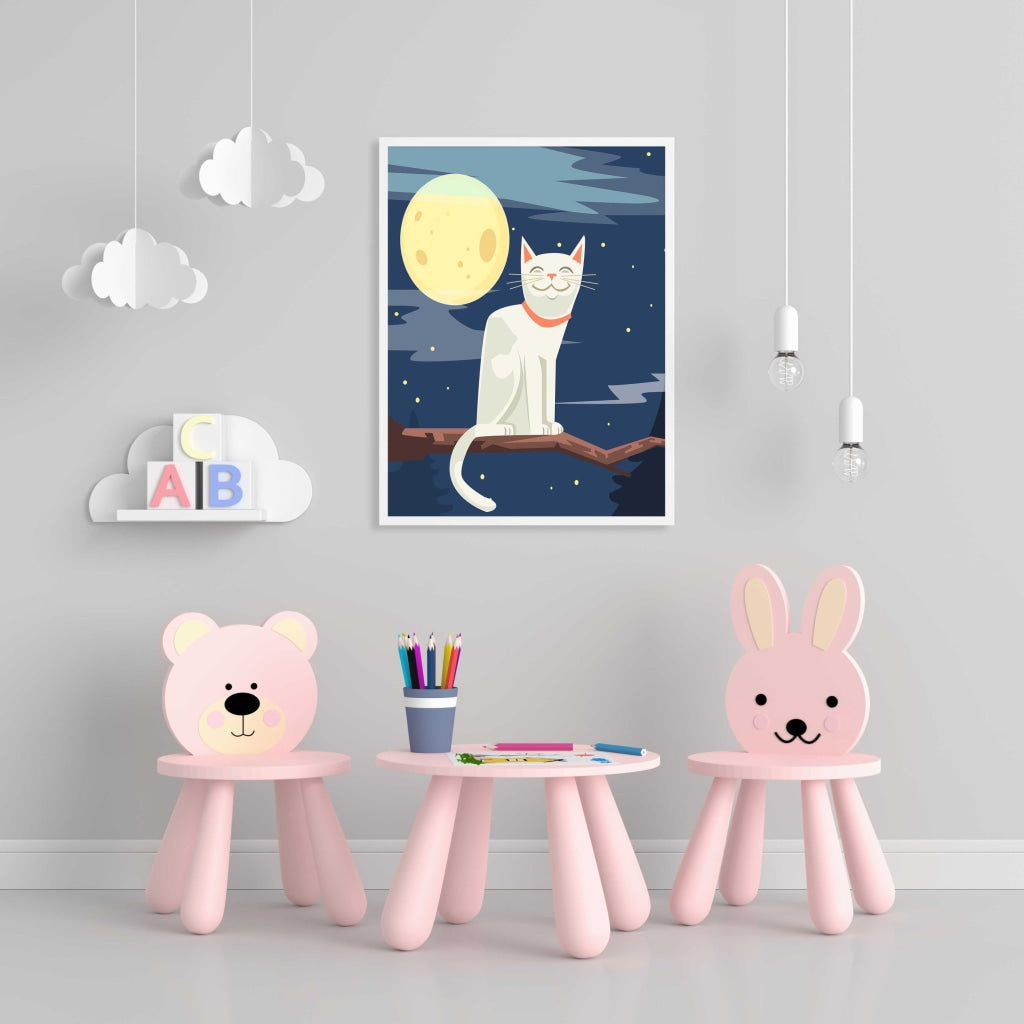 Cat In The Moonlight - Nursery Art Frame For Wall Decor- Funkydecors Xs / White Posters Prints &