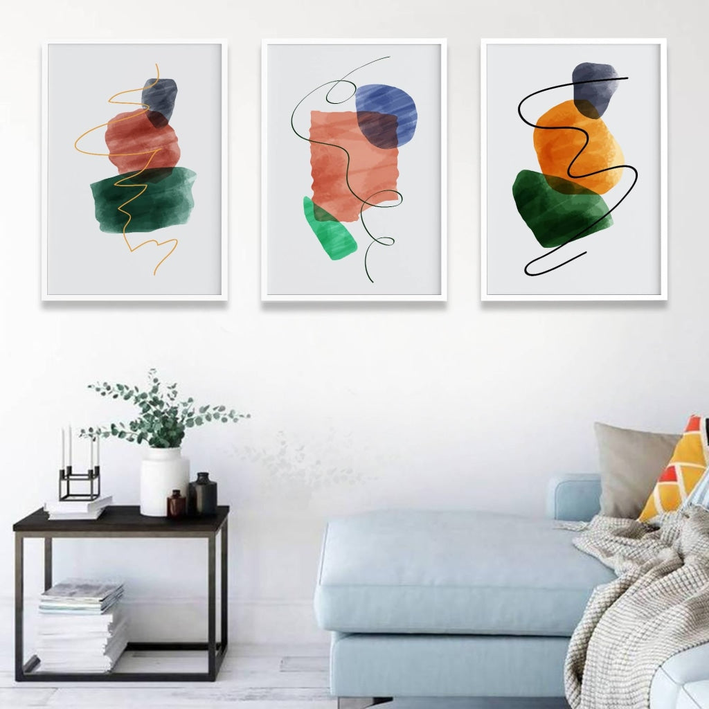 Colour Block -Abstract 3 Panels Art Frame For Wall Decor- Funkydecors Xs / White Posters Prints &