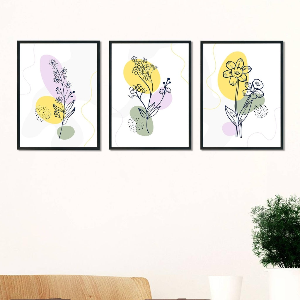 Delicate Floral 3 Panels Art Frame For Wall Decor- Funkydecors Xs / Black Posters Prints &amp; Visual