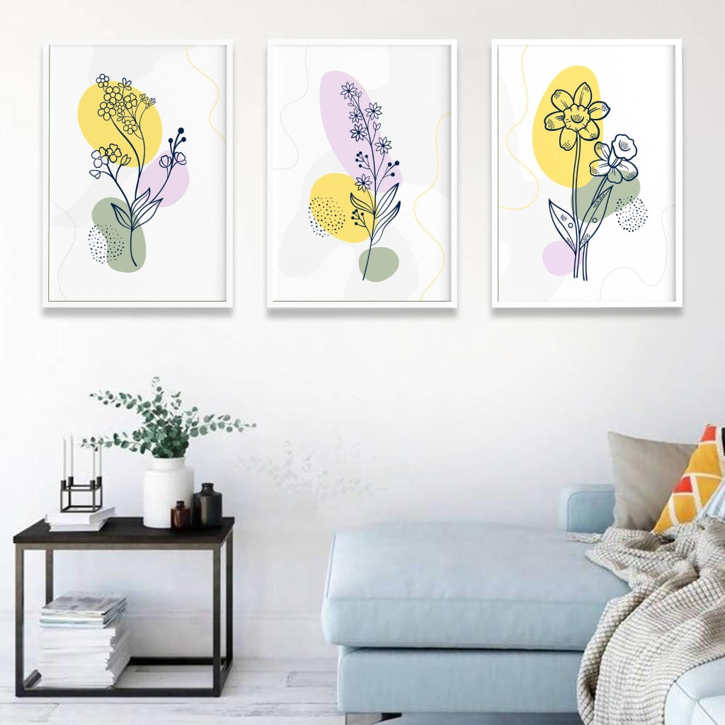Delicate Floral 3 Panels Art Frame For Wall Decor- Funkydecors Xs / White Posters Prints &amp; Visual