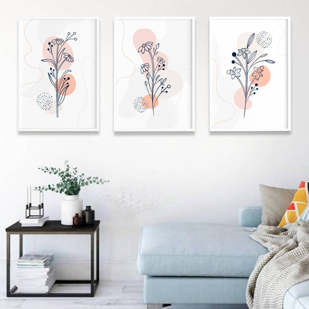 Delicate Floral 3 Panels Art Frame For Wall Decor- Funkydecors Xs / White Posters Prints &amp; Visual