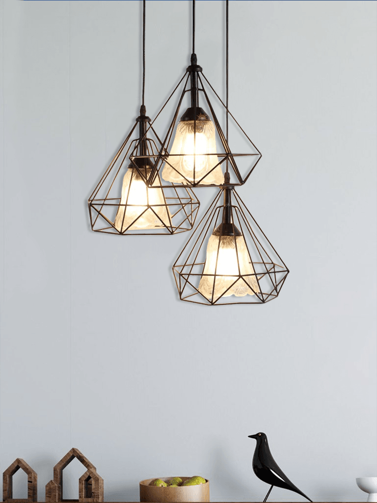 Designer Diamond Shape Cluster Metal Hanging Lights Set Of 3- Funkytradition