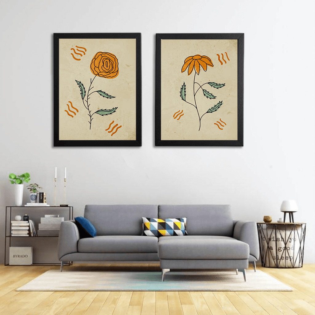 Floral 2 Panels Art Frame For Wall Decor- Funkydecors Xs / Black Posters Prints &amp; Visual Artwork
