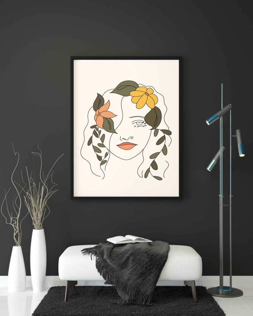 Floral Girl Line Art Frame For Wall Decor- Funkydecors Xs / Black Posters Prints & Visual Artwork
