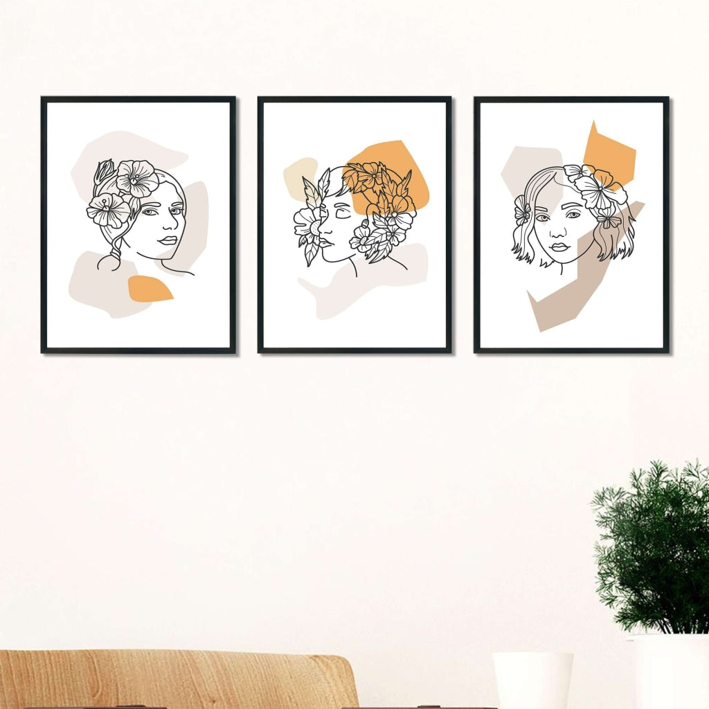 Floral Lady - 3 Panels Art Frame For Wall Decor- Funkydecors Xs / Black Posters Prints &amp; Visual