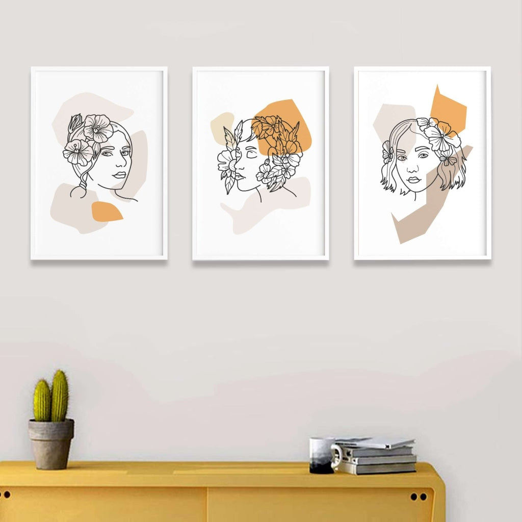 Floral Lady - 3 Panels Art Frame For Wall Decor- Funkydecors Xs / White Posters Prints &amp; Visual