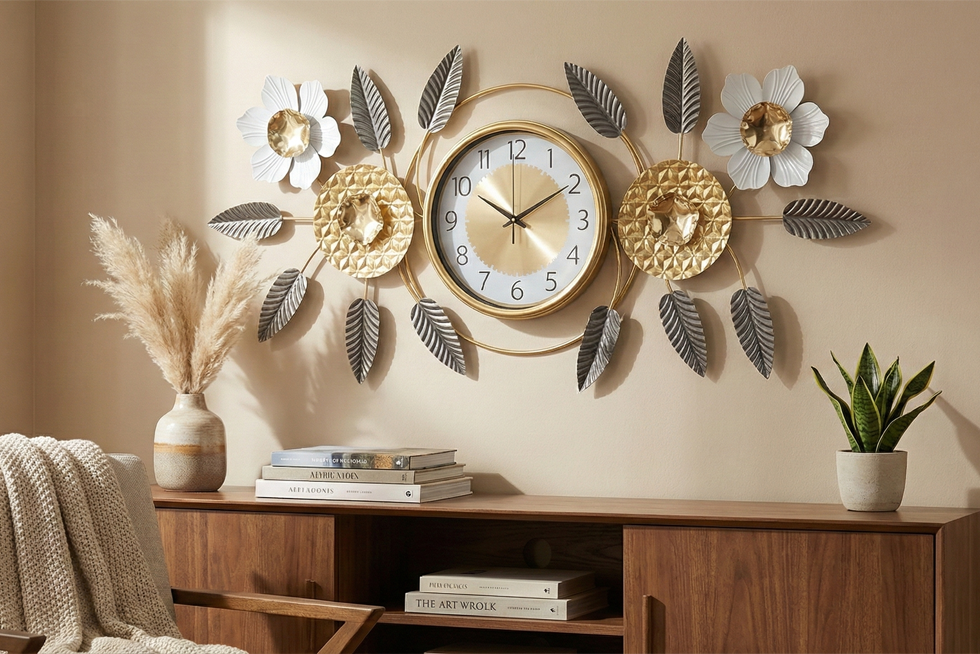 floral iron hanging wall clock close up