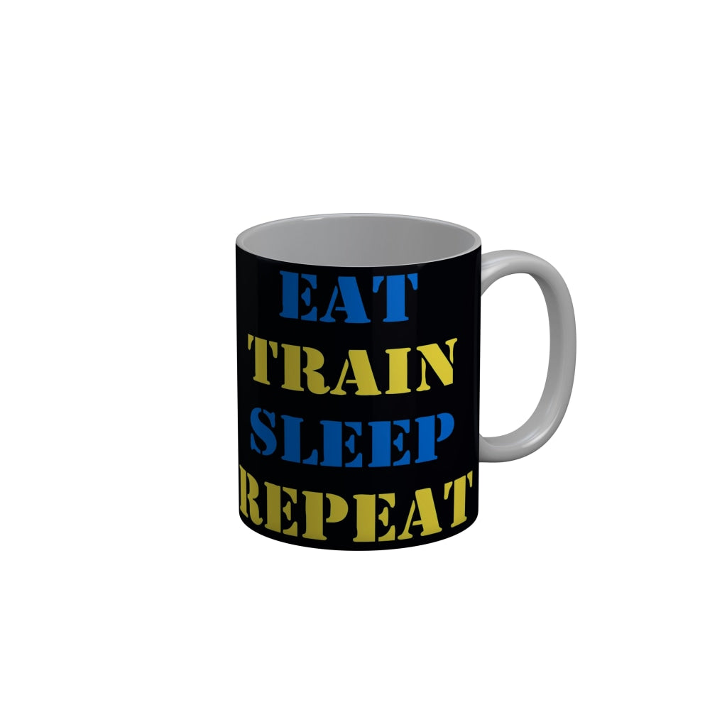 FunkyDecors Eat Train Sleep Repeat Black Funny Quotes Ceramic Coffee Mug, 350 ml