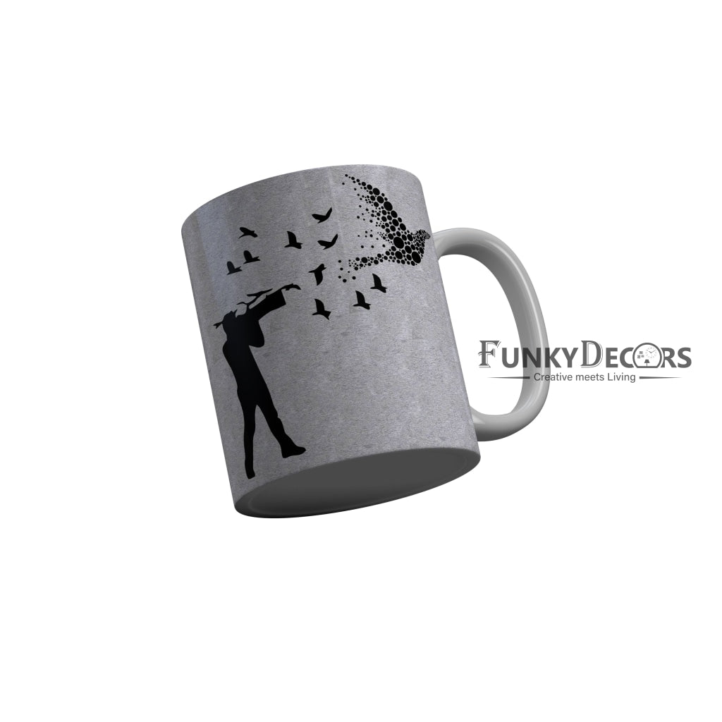 FunkyDecors Flying Birds White Motivational Quotes Ceramic Coffee Mug, 350 ml
