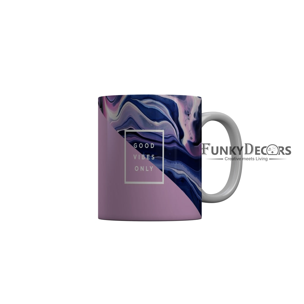 FunkyDecors Good Vibes Only Blue Pink Marble Pattern Ceramic Coffee Mug