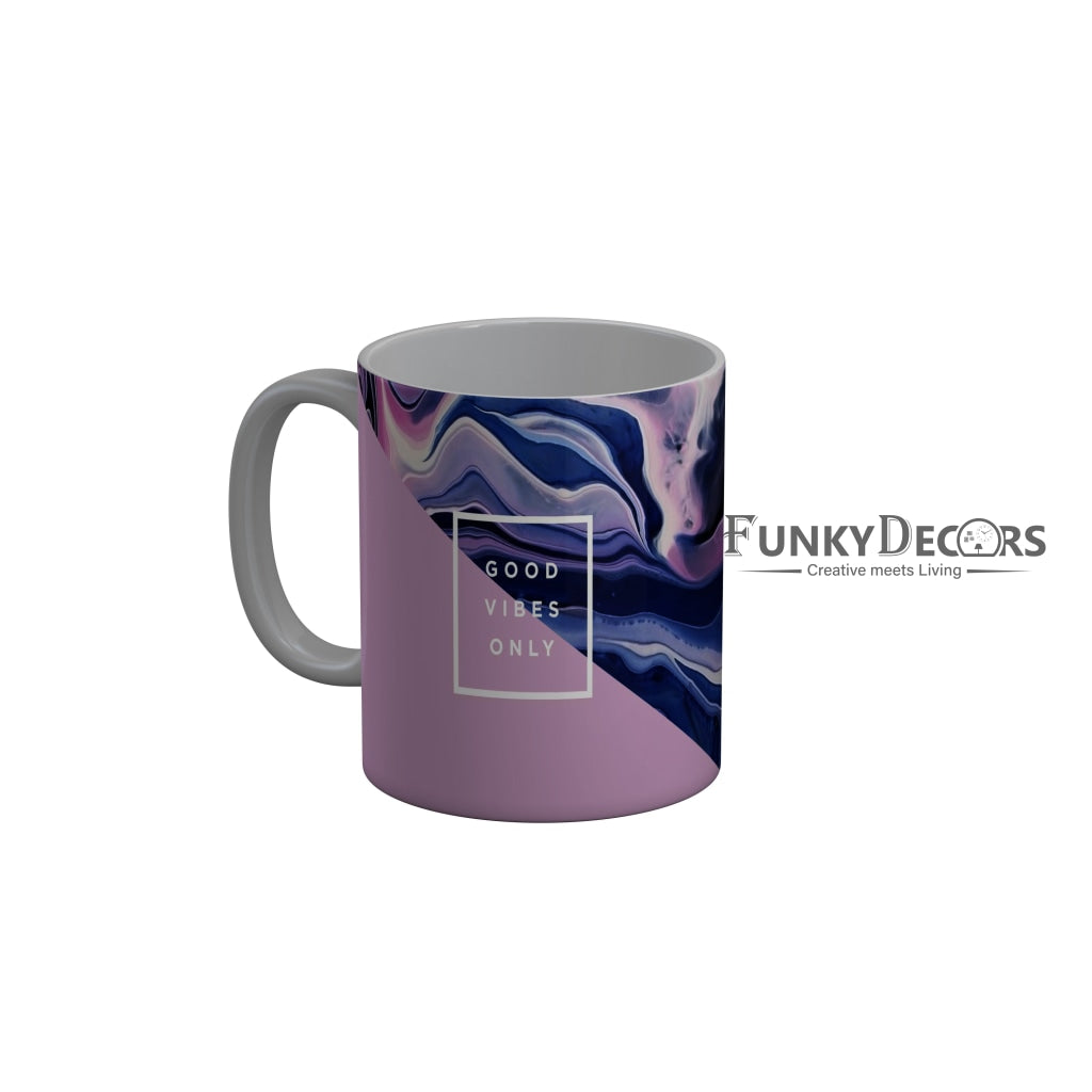 FunkyDecors Good Vibes Only Blue Pink Marble Pattern Ceramic Coffee Mug