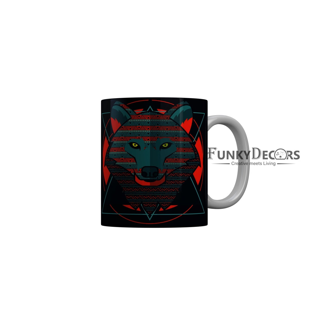 FunkyDecors Graphical Lion Face Black Ceramic Coffee Mug, 350 ml