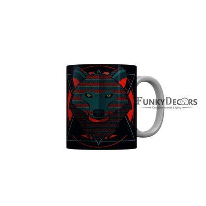 FunkyDecors Graphical Lion Face Black Ceramic Coffee Mug, 350 ml