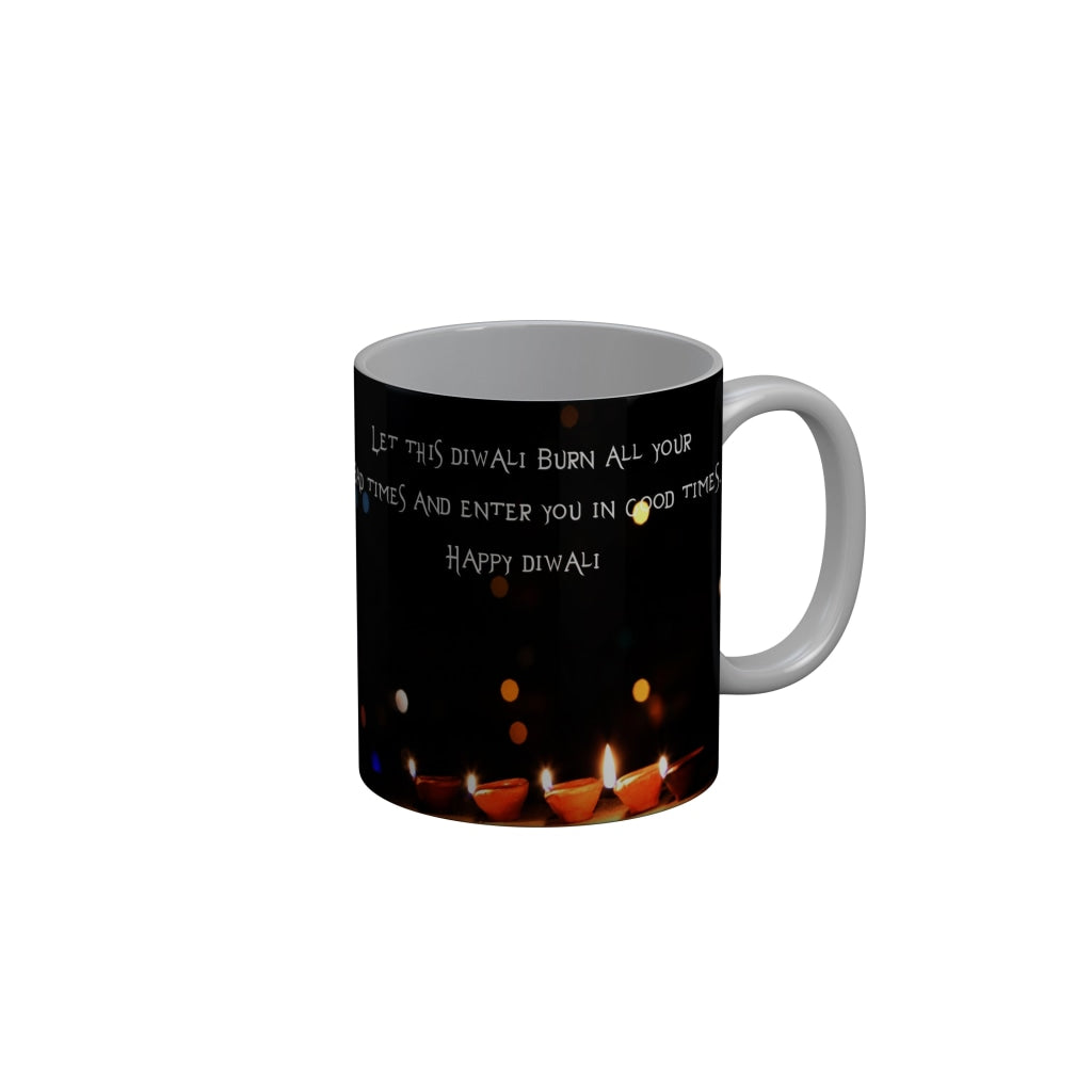 FunkyDecors Let this diwali burn all your bad time and enter you in good time Happy Diwali Ceramic Mug, 350 ML, Multicolor