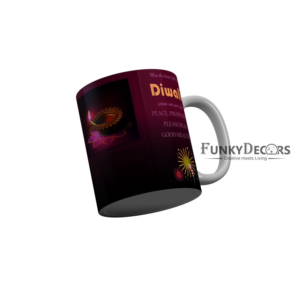 FunkyDecors May the drivin diwali spread into your life Peace Prosperity Pleasure and Good health Happy Diwali Ceramic Mug, 350 ML, Multicolor