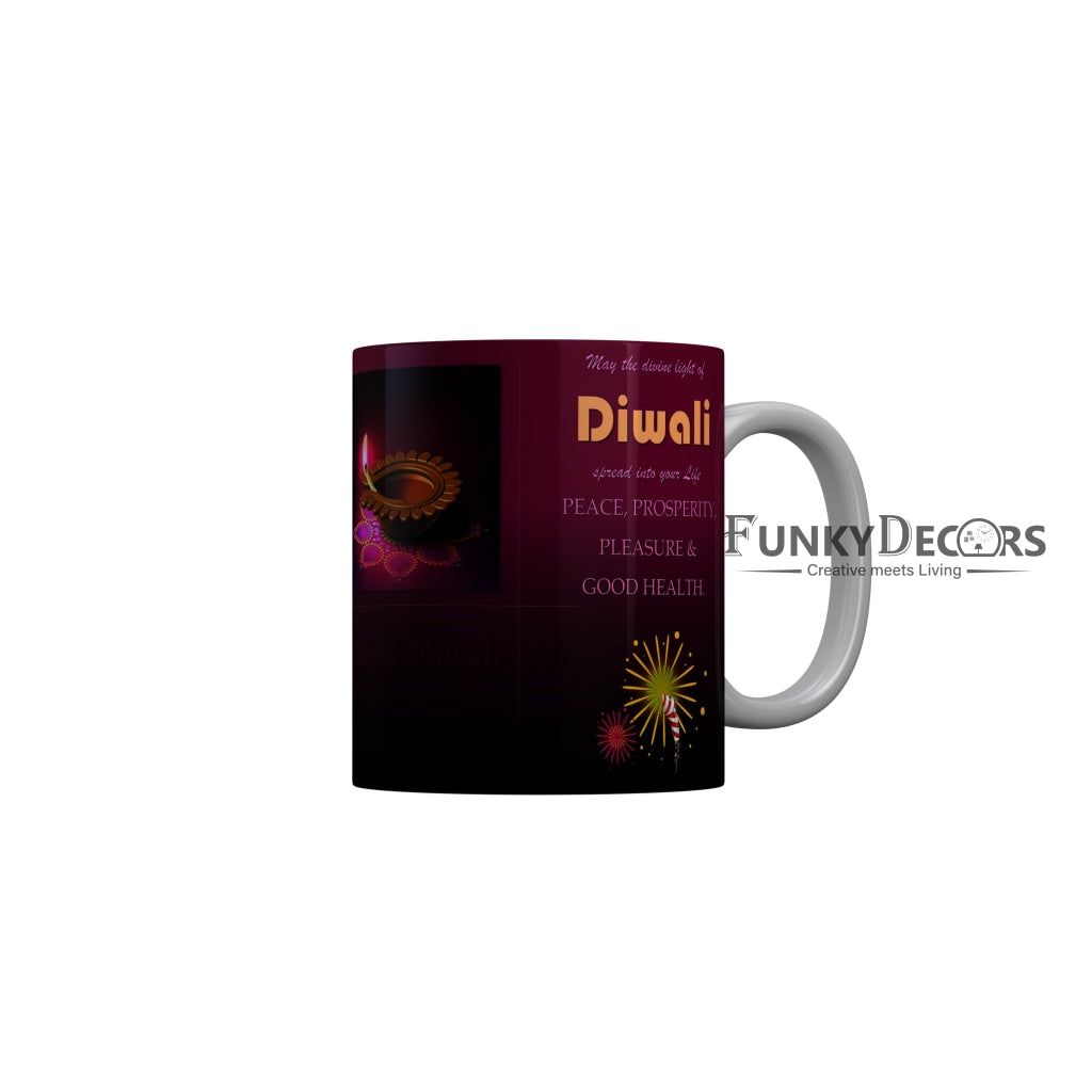 FunkyDecors May the drivin diwali spread into your life Peace Prosperity Pleasure and Good health Happy Diwali Ceramic Mug, 350 ML, Multicolor