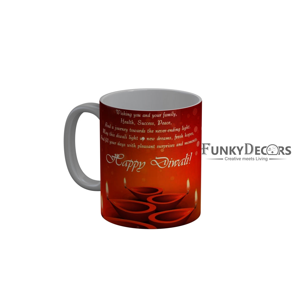 FunkyDecors Wishing you and your family Health Success Peace Happy Diwali Ceramic Mug, 350 ML, Multicolor